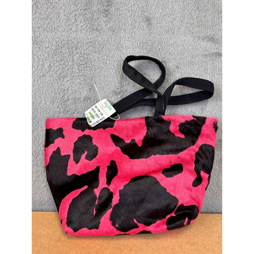 Stein Mart Pink Black Cow Print Faux Fur Canvas Tote Bag Made in USA Vintage NEW